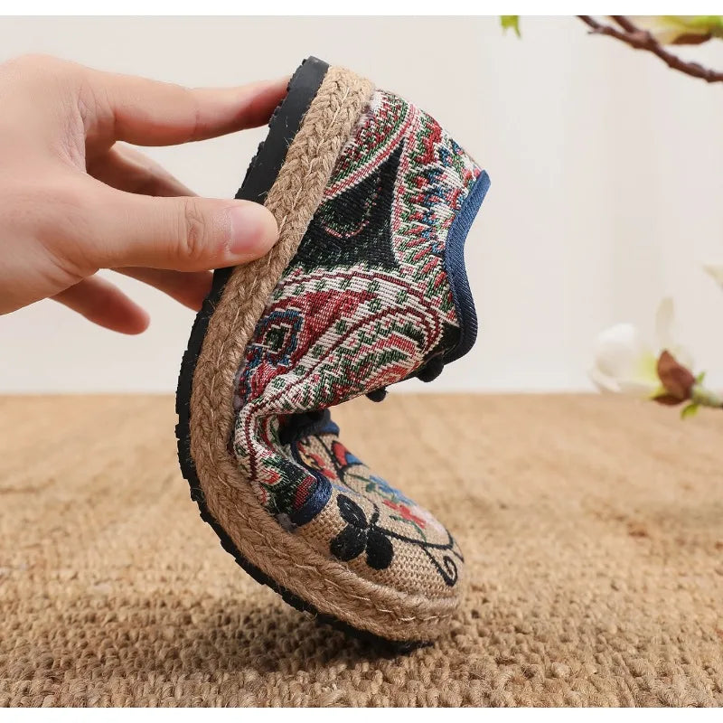 Women Shoes  Round Head Cotton Linen Canvas Single National Woven Round Toe Lace Up Cloth Shoes Woman Flats Size 35-40