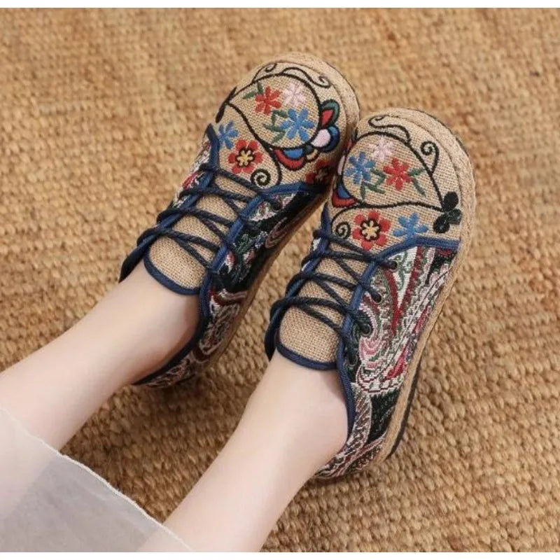 Women Shoes  Round Head Cotton Linen Canvas Single National Woven Round Toe Lace Up Cloth Shoes Woman Flats Size 35-40
