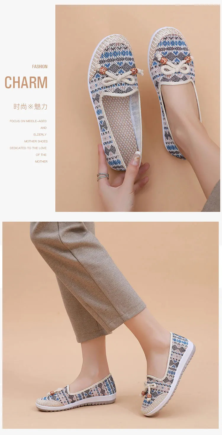 Women's Cloth Shoes 2025 Summer New Lazy Footwear Casual Breathable Mom Shoes Shallow Mouth Ethnic Style Ladies Flats Zapatos