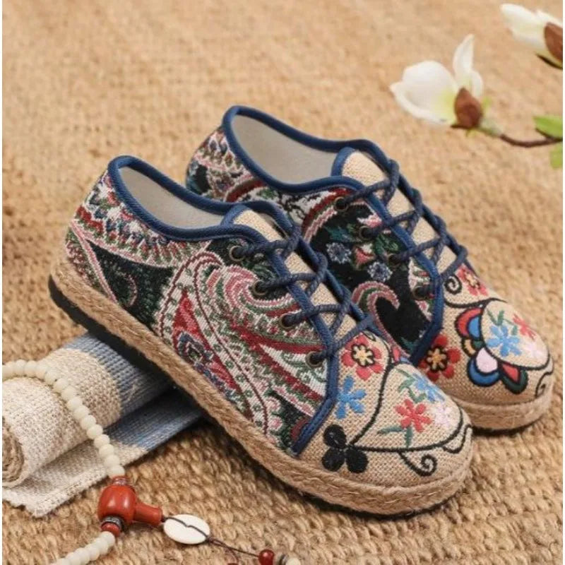 Women Shoes  Round Head Cotton Linen Canvas Single National Woven Round Toe Lace Up Cloth Shoes Woman Flats Size 35-40