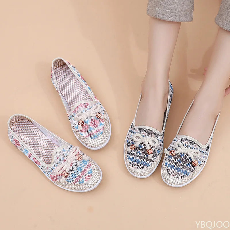 Women's Cloth Shoes 2025 Summer New Lazy Footwear Casual Breathable Mom Shoes Shallow Mouth Ethnic Style Ladies Flats Zapatos