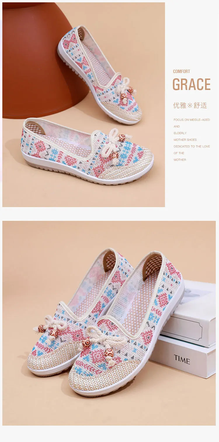 Women's Cloth Shoes 2025 Summer New Lazy Footwear Casual Breathable Mom Shoes Shallow Mouth Ethnic Style Ladies Flats Zapatos