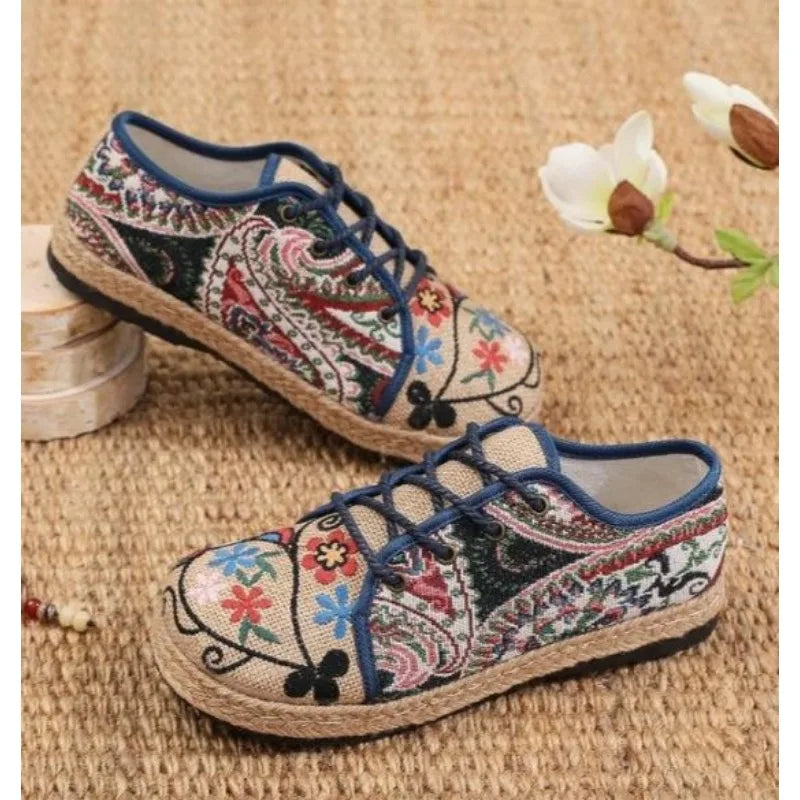 Women Shoes  Round Head Cotton Linen Canvas Single National Woven Round Toe Lace Up Cloth Shoes Woman Flats Size 35-40