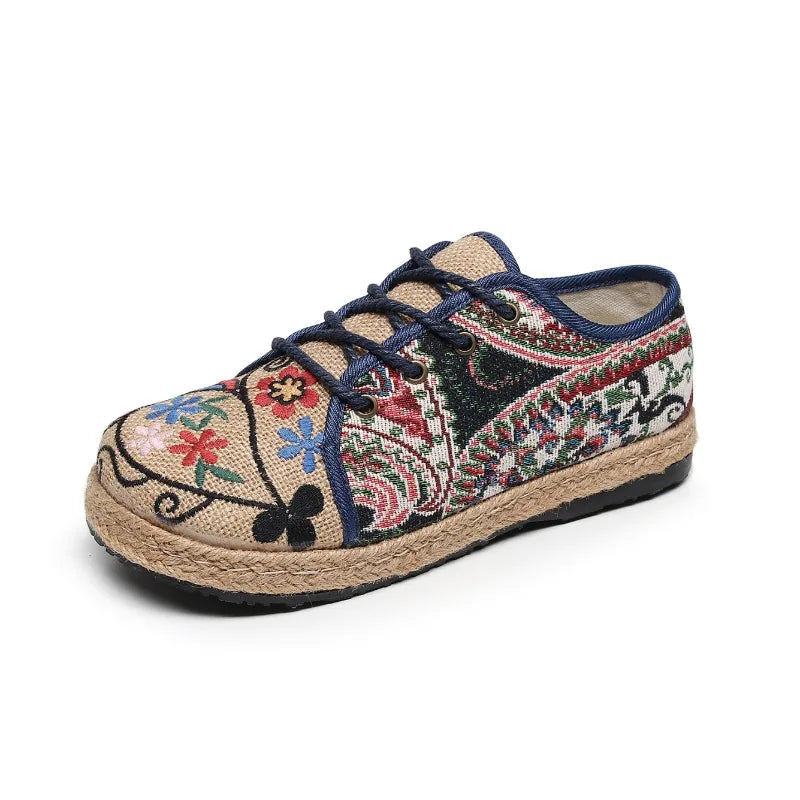 Women Shoes  Round Head Cotton Linen Canvas Single National Woven Round Toe Lace Up Cloth Shoes Woman Flats Size 35-40