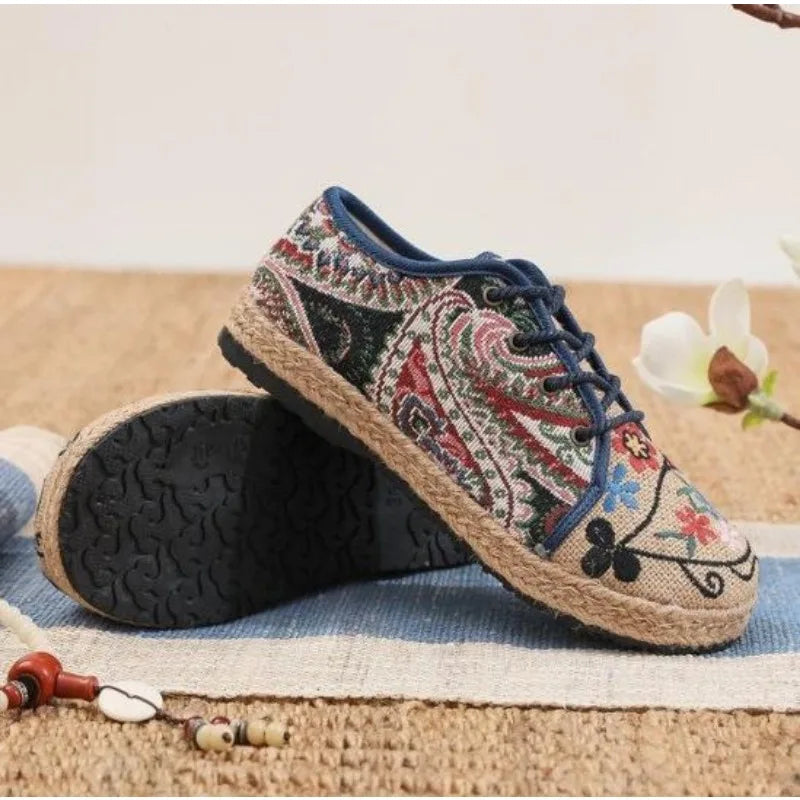 Women Shoes  Round Head Cotton Linen Canvas Single National Woven Round Toe Lace Up Cloth Shoes Woman Flats Size 35-40